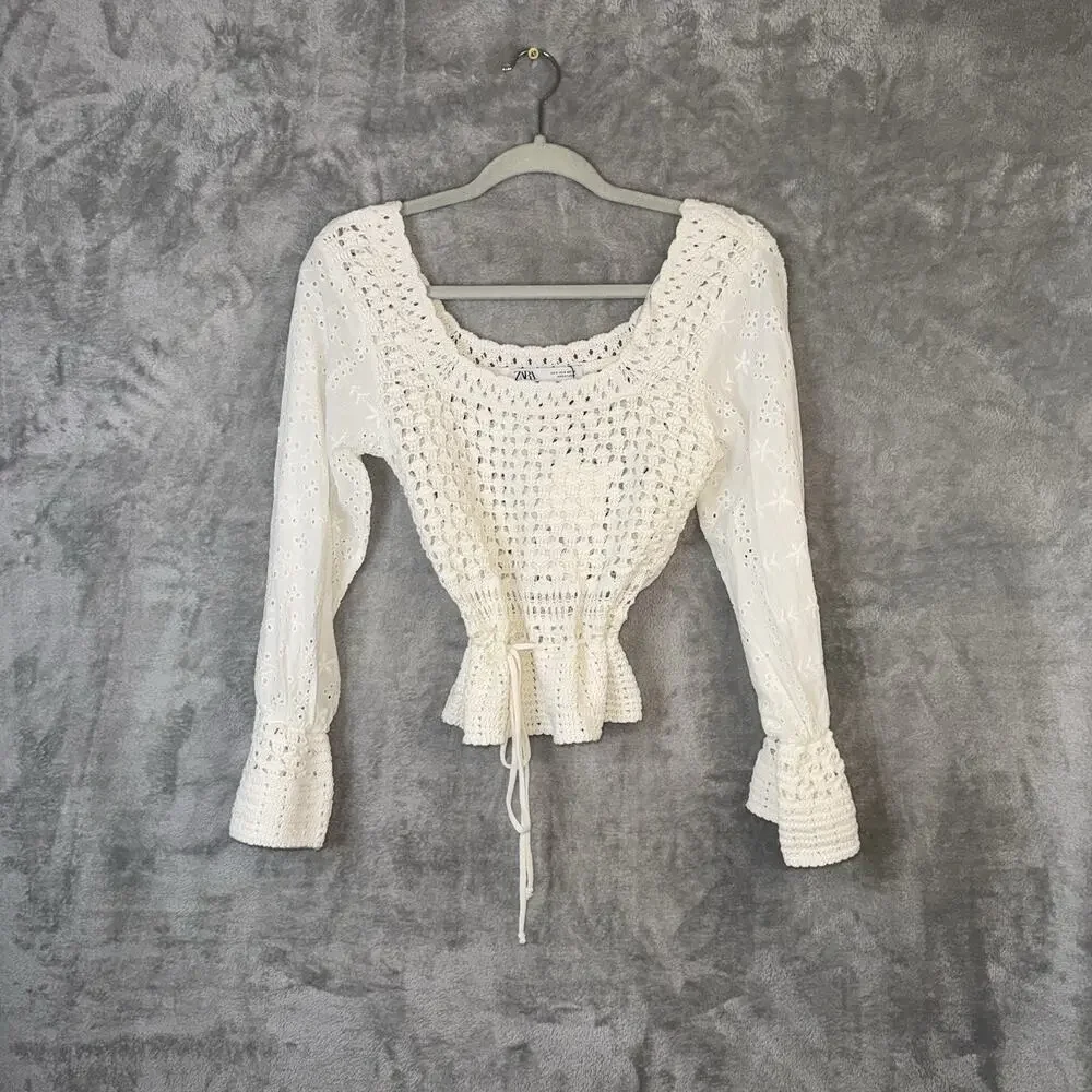 ZARA Eyelet Crochet Long Sleeve Top Size Small Boho Cottagecore Festival NWT